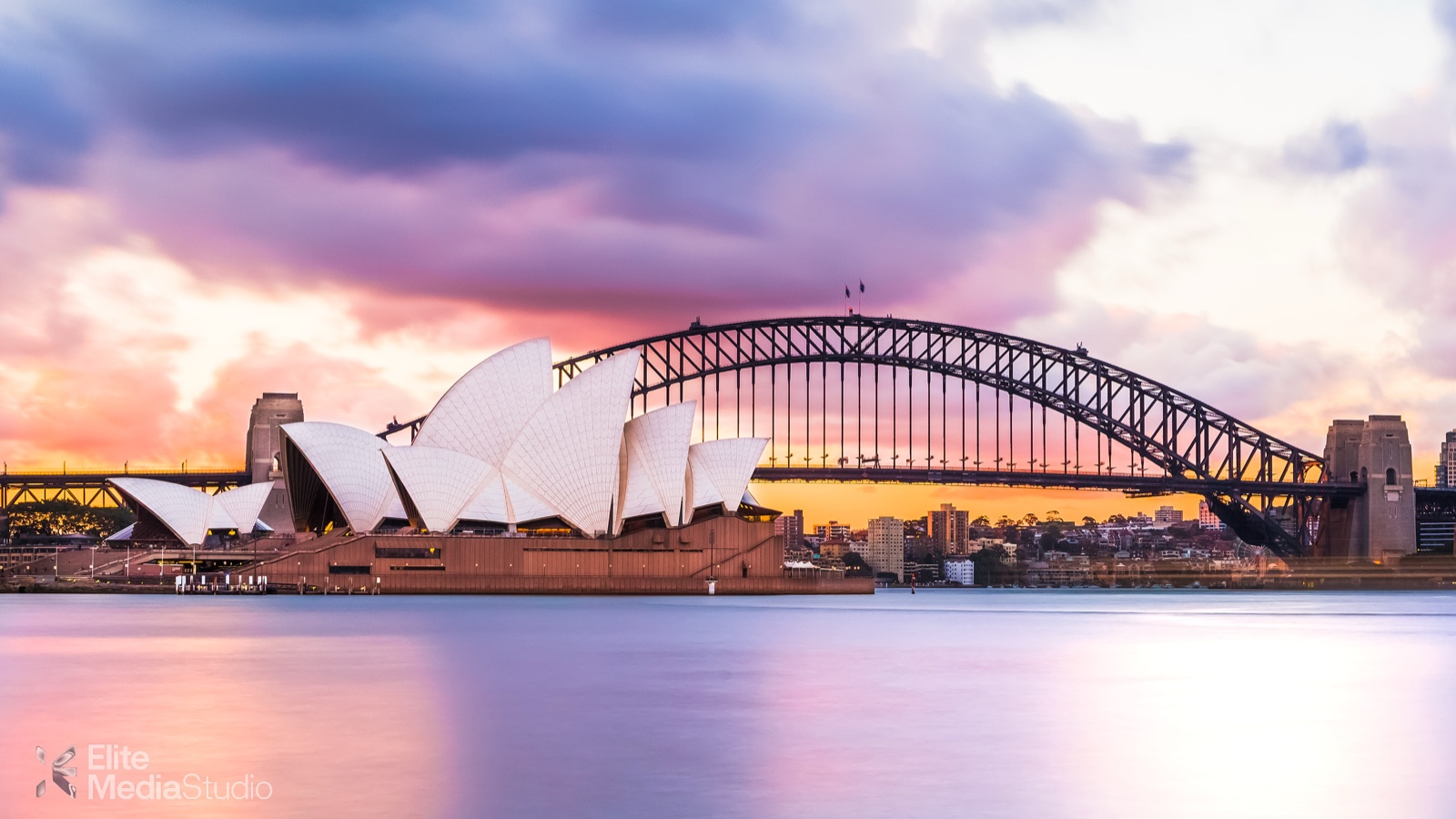 Sydney Opera House and Harbour Bridge at sunset
